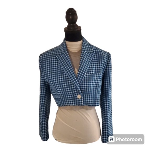 Zara Blue Checked Cropped Blazer - Picture 3 of 8
